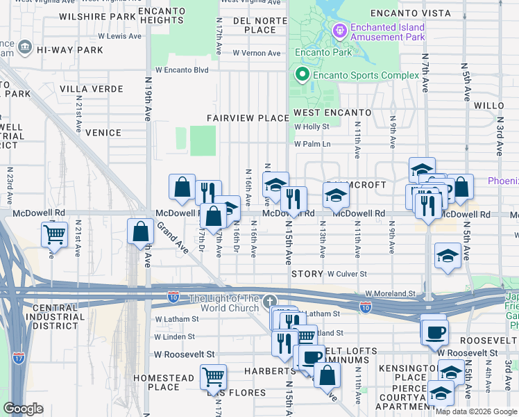 map of restaurants, bars, coffee shops, grocery stores, and more near 1617 North 16th Avenue in Phoenix
