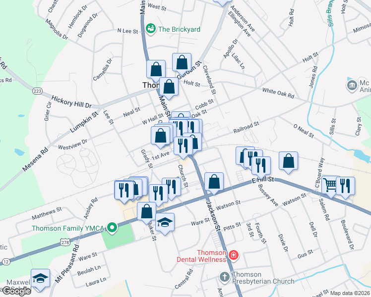 map of restaurants, bars, coffee shops, grocery stores, and more near 127 Main Street in Thomson