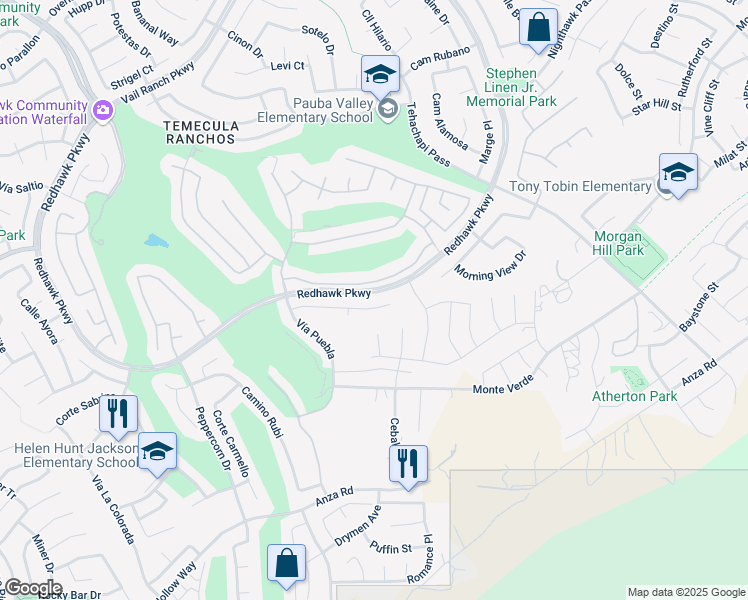 map of restaurants, bars, coffee shops, grocery stores, and more near 33052 Anasazi Drive in Temecula