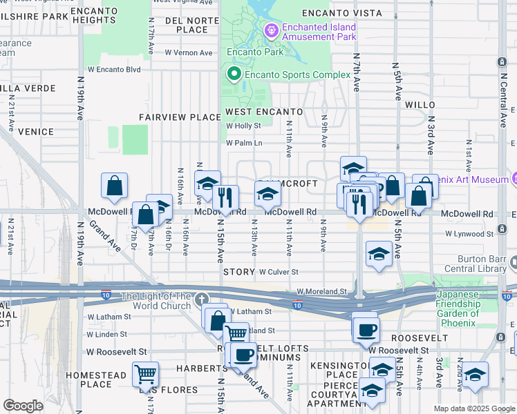 map of restaurants, bars, coffee shops, grocery stores, and more near 1604 Palmcroft Way Northwest in Phoenix