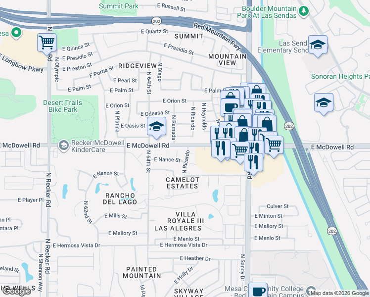 map of restaurants, bars, coffee shops, grocery stores, and more near 6520 East Omega Street in Mesa