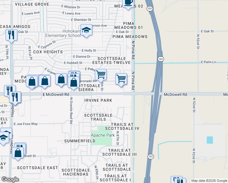 map of restaurants, bars, coffee shops, grocery stores, and more near 8750 East McDowell Road in Scottsdale