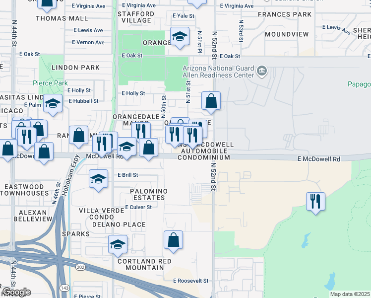 map of restaurants, bars, coffee shops, grocery stores, and more near 1620 North 51st Street in Phoenix