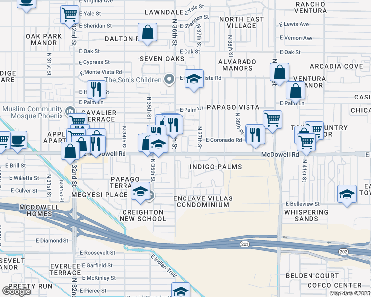 map of restaurants, bars, coffee shops, grocery stores, and more near 1615 North 36th Street in Phoenix