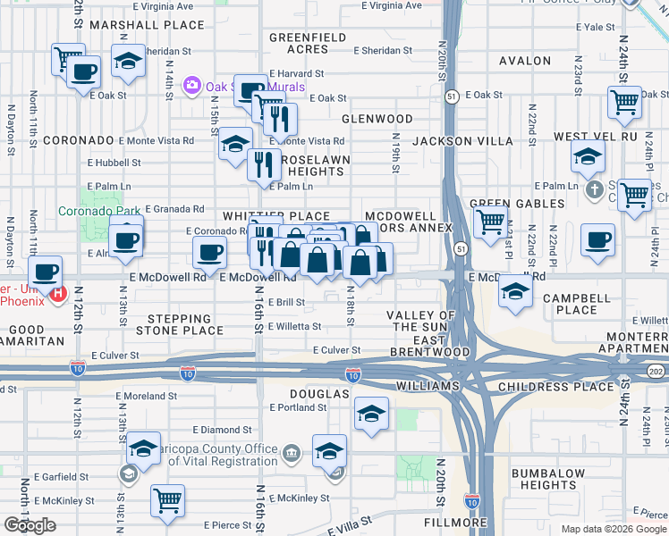 map of restaurants, bars, coffee shops, grocery stores, and more near 1735 East Almeria Road in Phoenix