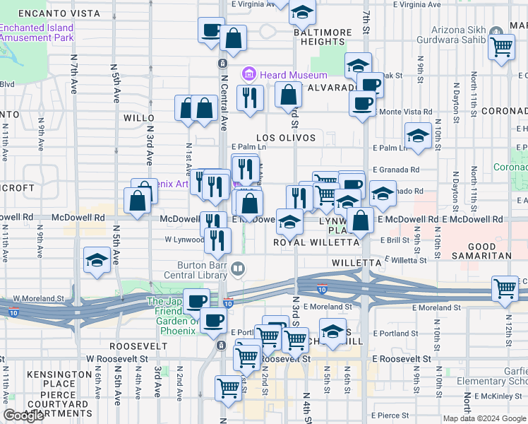 map of restaurants, bars, coffee shops, grocery stores, and more near 202 East McDowell Road in Phoenix