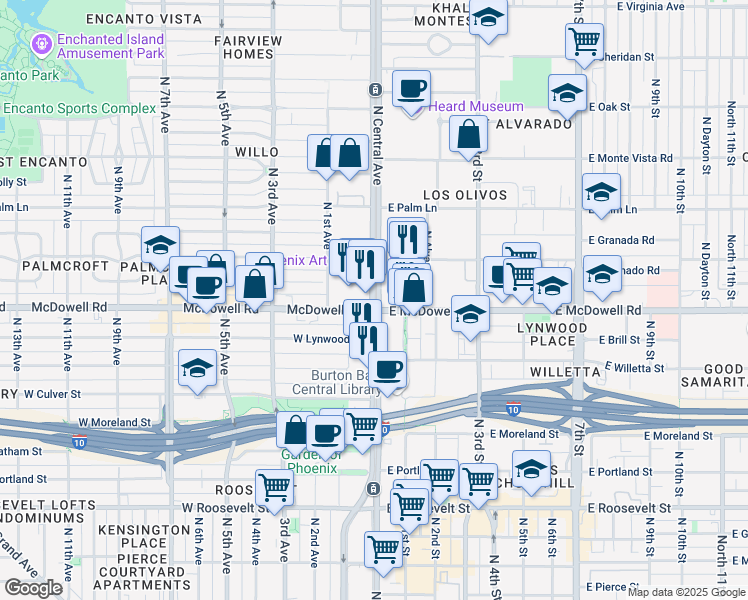 map of restaurants, bars, coffee shops, grocery stores, and more near 1616 North Central Avenue in Phoenix