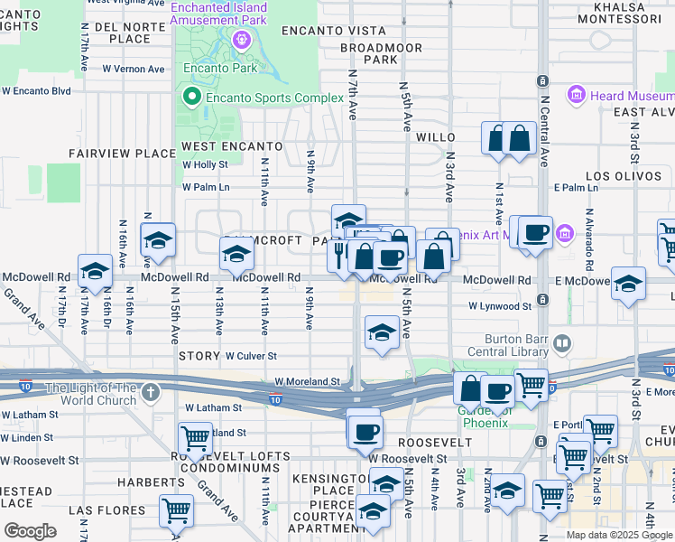 map of restaurants, bars, coffee shops, grocery stores, and more near 1700 North 7th Avenue in Phoenix