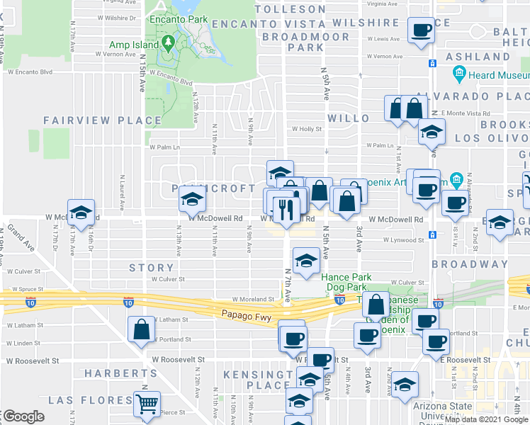 map of restaurants, bars, coffee shops, grocery stores, and more near 1615 North 9th Avenue in Phoenix