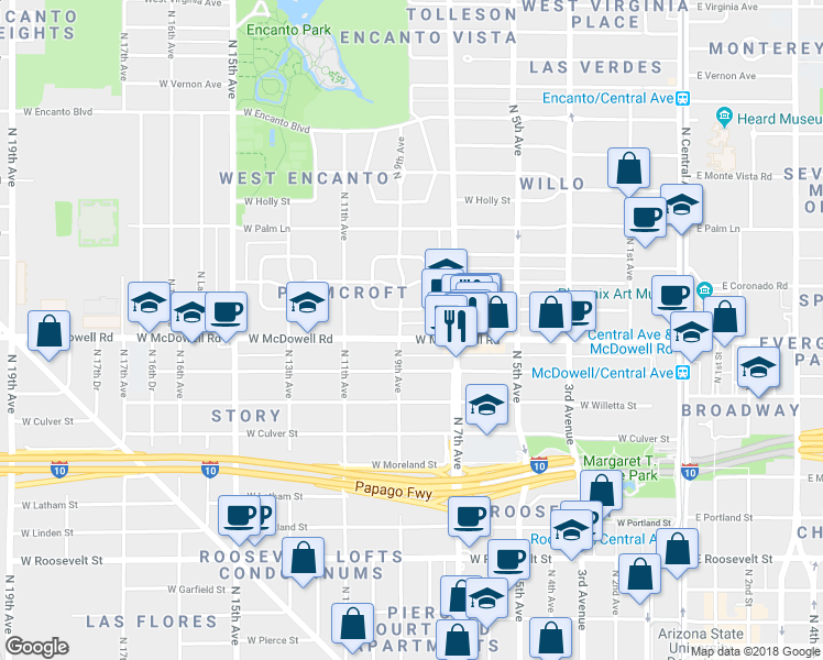 map of restaurants, bars, coffee shops, grocery stores, and more near 1615 North 9th Avenue in Phoenix