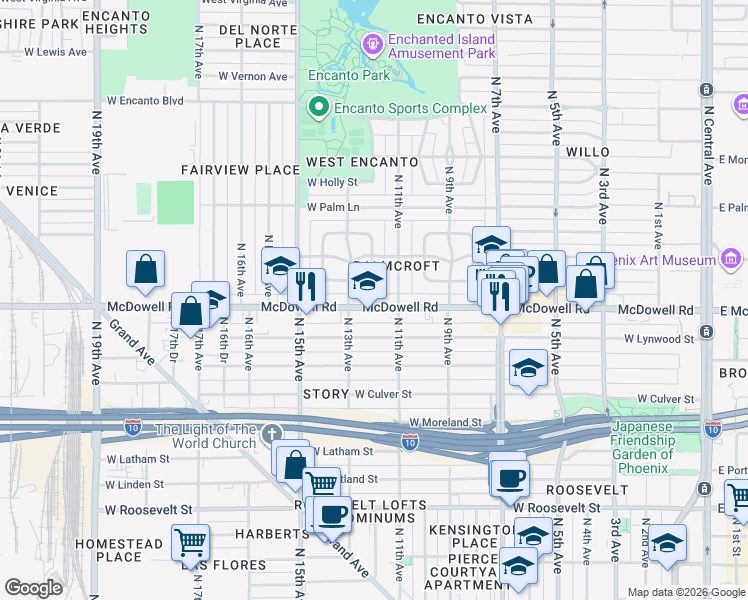 map of restaurants, bars, coffee shops, grocery stores, and more near 1620 North 11th Avenue in Phoenix