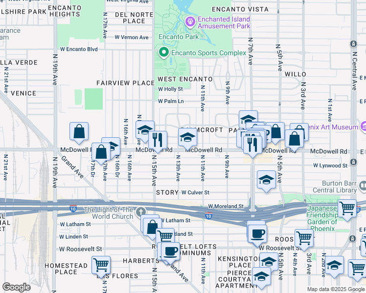 map of restaurants, bars, coffee shops, grocery stores, and more near 1604 Palmcroft Way Northwest in Phoenix