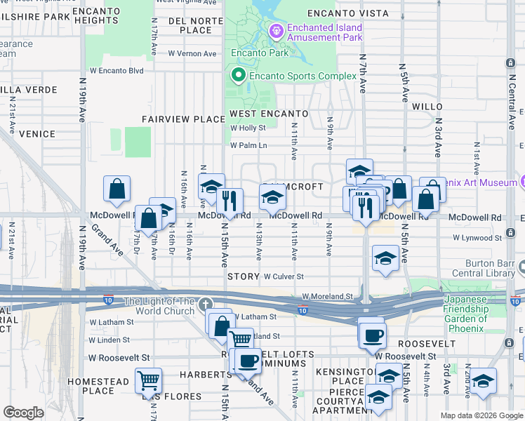 map of restaurants, bars, coffee shops, grocery stores, and more near 1604 Palmcroft Way Northwest in Phoenix