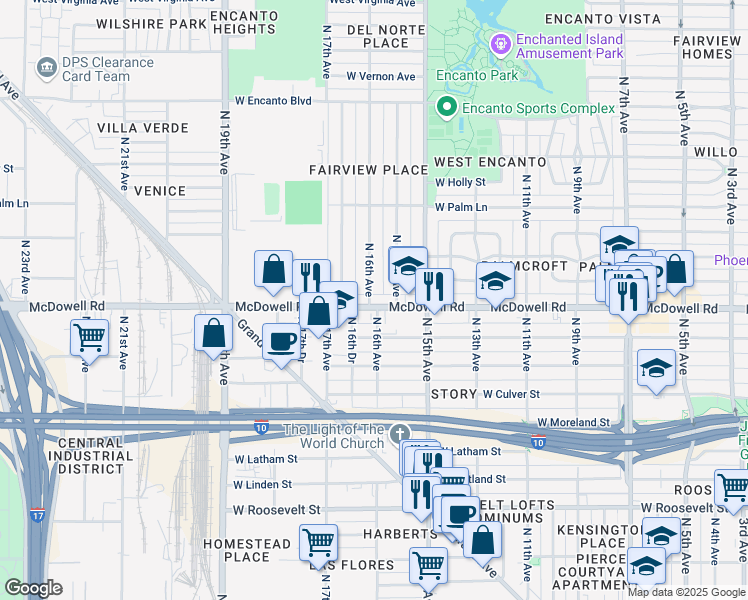 map of restaurants, bars, coffee shops, grocery stores, and more near 1617 North 16th Avenue in Phoenix