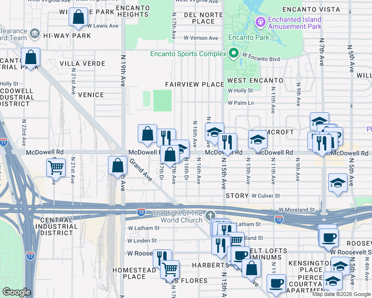 map of restaurants, bars, coffee shops, grocery stores, and more near 5 North 17th Avenue in Phoenix