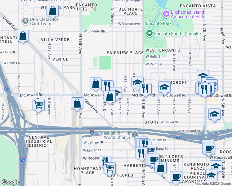 map of restaurants, bars, coffee shops, grocery stores, and more near 5 North 17th Avenue in Phoenix