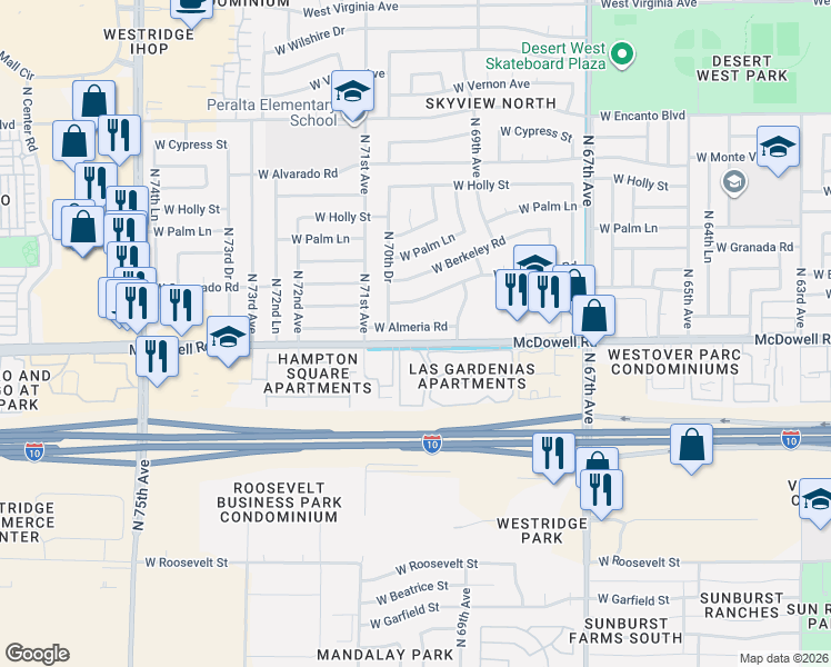 map of restaurants, bars, coffee shops, grocery stores, and more near 7016 West Almeria Road in Phoenix