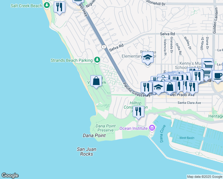 map of restaurants, bars, coffee shops, grocery stores, and more near 34130 Selva Road in Dana Point