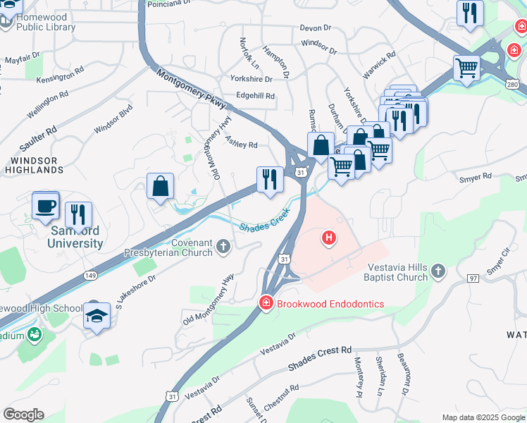 map of restaurants, bars, coffee shops, grocery stores, and more near 2204 Lakeshore Dr in Birmingham