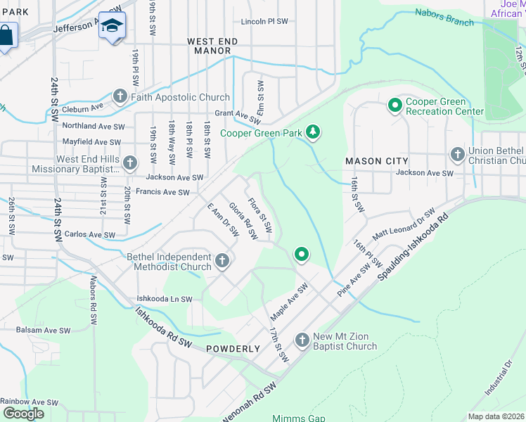 map of restaurants, bars, coffee shops, grocery stores, and more near 216 Flora Street Southwest in Birmingham