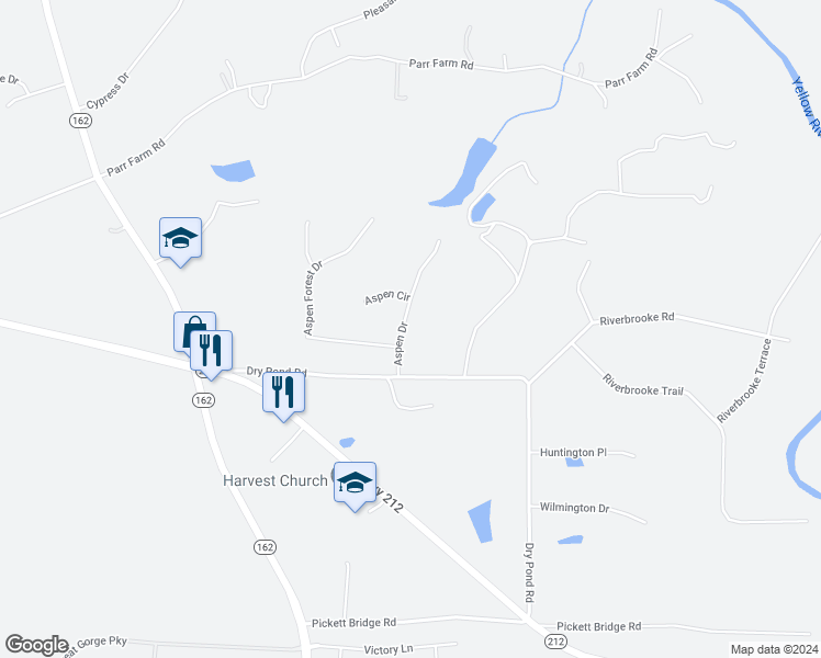 map of restaurants, bars, coffee shops, grocery stores, and more near 40 Aspen Drive in Covington