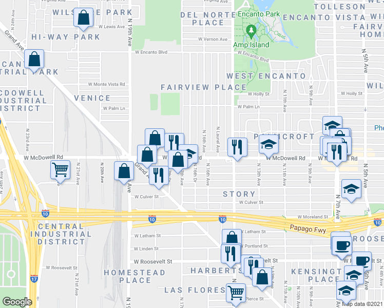 map of restaurants, bars, coffee shops, grocery stores, and more near 5 North 17th Avenue in Phoenix