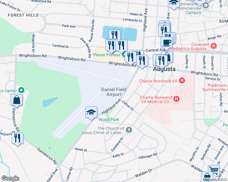 map of restaurants, bars, coffee shops, grocery stores, and more near 1775 Highland Avenue in Augusta