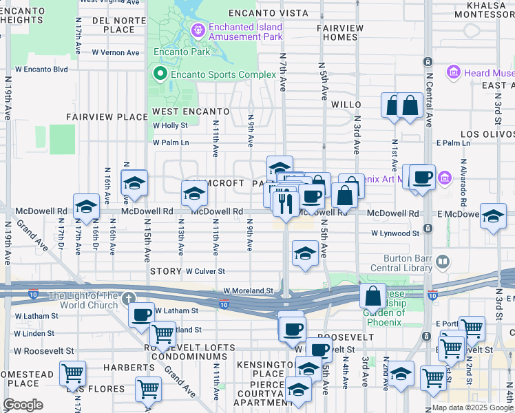 map of restaurants, bars, coffee shops, grocery stores, and more near 1615 North 9th Avenue in Phoenix