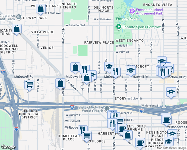 map of restaurants, bars, coffee shops, grocery stores, and more near 5 North 17th Avenue in Phoenix