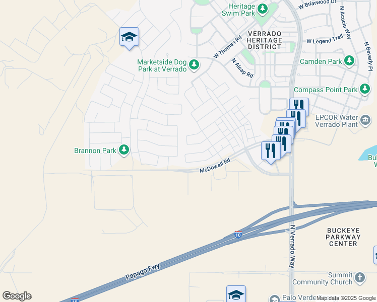 map of restaurants, bars, coffee shops, grocery stores, and more near 21078 West Coronado Road in Buckeye