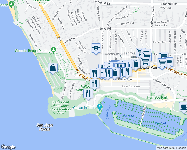 map of restaurants, bars, coffee shops, grocery stores, and more near 87 Palm Beach Court in Dana Point