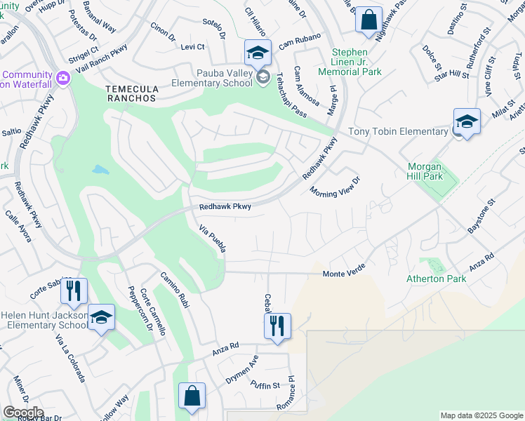 map of restaurants, bars, coffee shops, grocery stores, and more near 33052 Anasazi Drive in Temecula