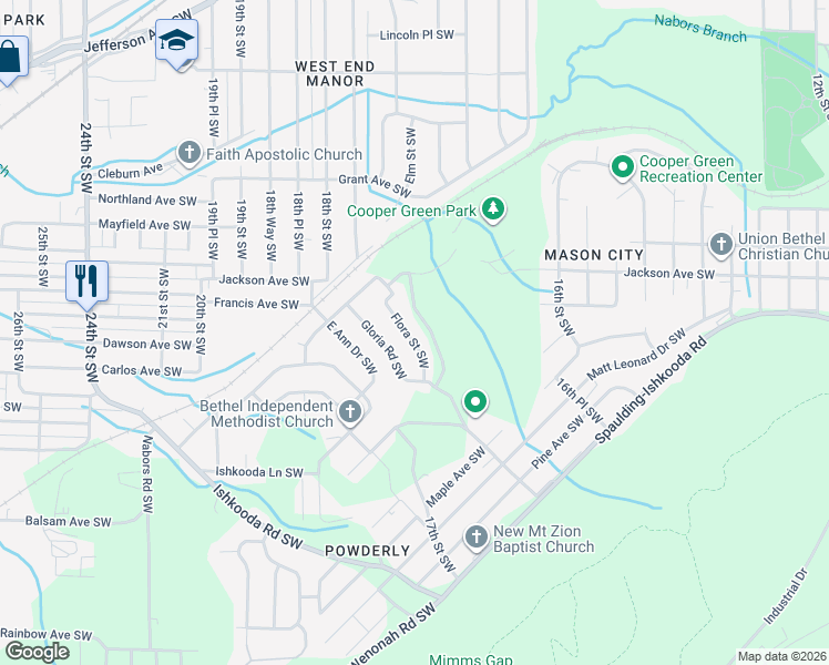 map of restaurants, bars, coffee shops, grocery stores, and more near 216 Flora Street Southwest in Birmingham