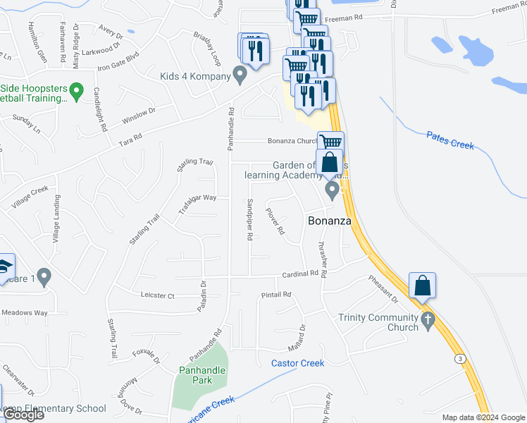 map of restaurants, bars, coffee shops, grocery stores, and more near 1565 Plover Road in Jonesboro