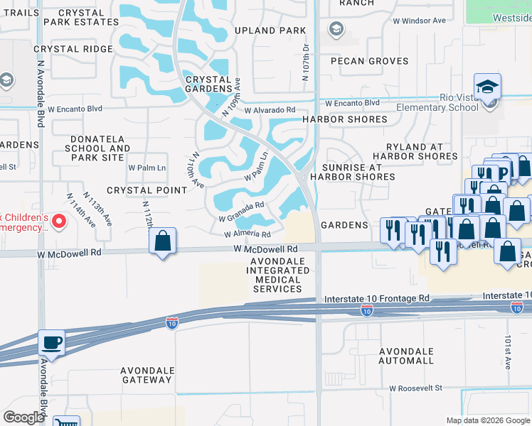 map of restaurants, bars, coffee shops, grocery stores, and more near 10805 West Granada Road in Avondale