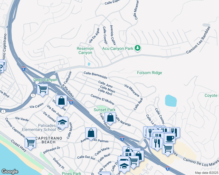map of restaurants, bars, coffee shops, grocery stores, and more near 4019 Calle Juno in San Clemente