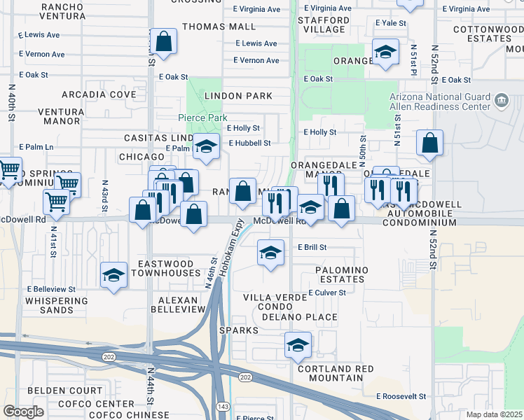 map of restaurants, bars, coffee shops, grocery stores, and more near 1705 North 47th Place in Phoenix