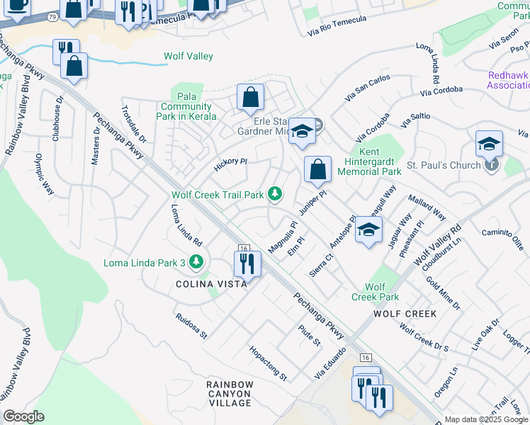 map of restaurants, bars, coffee shops, grocery stores, and more near 31340 Locust Court in Temecula