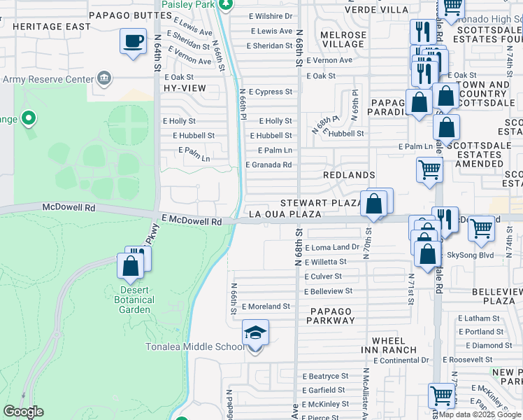 map of restaurants, bars, coffee shops, grocery stores, and more near 6640 East McDowell Road in Scottsdale