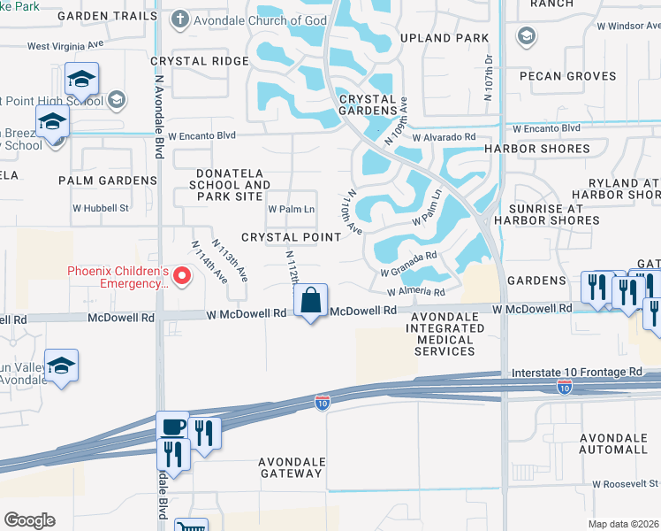 map of restaurants, bars, coffee shops, grocery stores, and more near 11170 West Coronado Road in Avondale