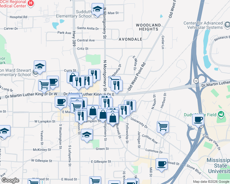 map of restaurants, bars, coffee shops, grocery stores, and more near 202 Doctor Martin Luther King Junior Drive East in Starkville