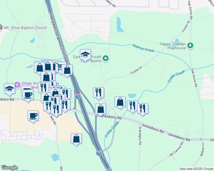 map of restaurants, bars, coffee shops, grocery stores, and more near 166 Foster Drive in McDonough