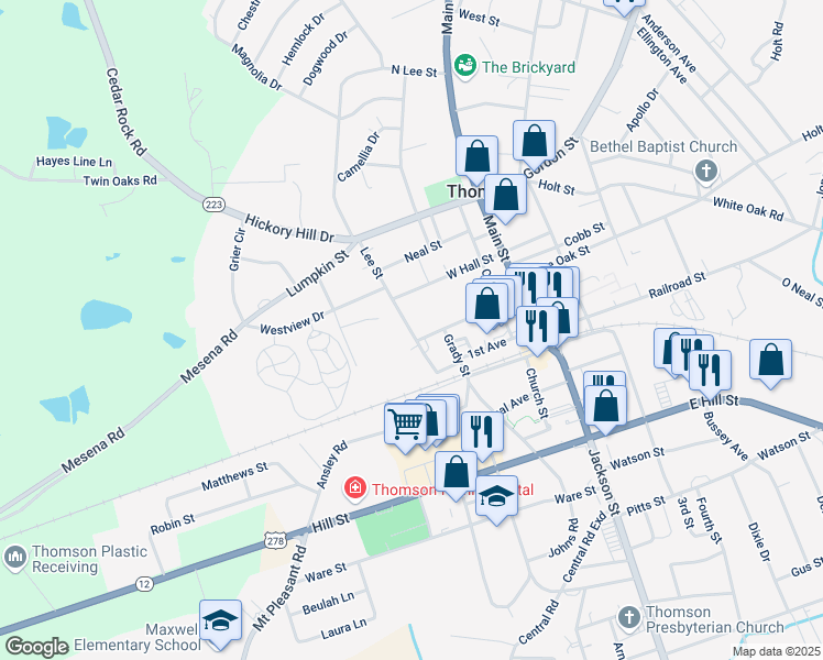 map of restaurants, bars, coffee shops, grocery stores, and more near 220 Lee Street in Thomson