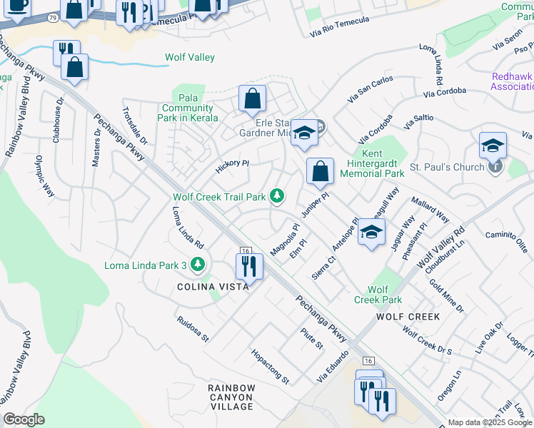 map of restaurants, bars, coffee shops, grocery stores, and more near 31340 Locust Court in Temecula