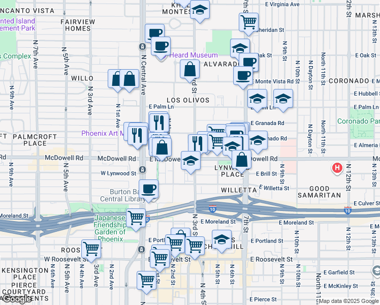 map of restaurants, bars, coffee shops, grocery stores, and more near 232 East McDowell Road in Phoenix