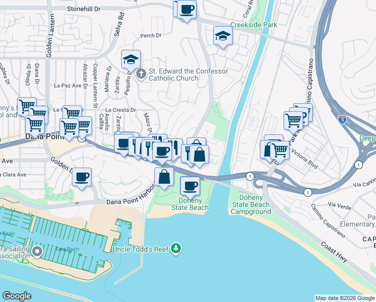 map of restaurants, bars, coffee shops, grocery stores, and more near 3438 Doheny Way in Dana Point