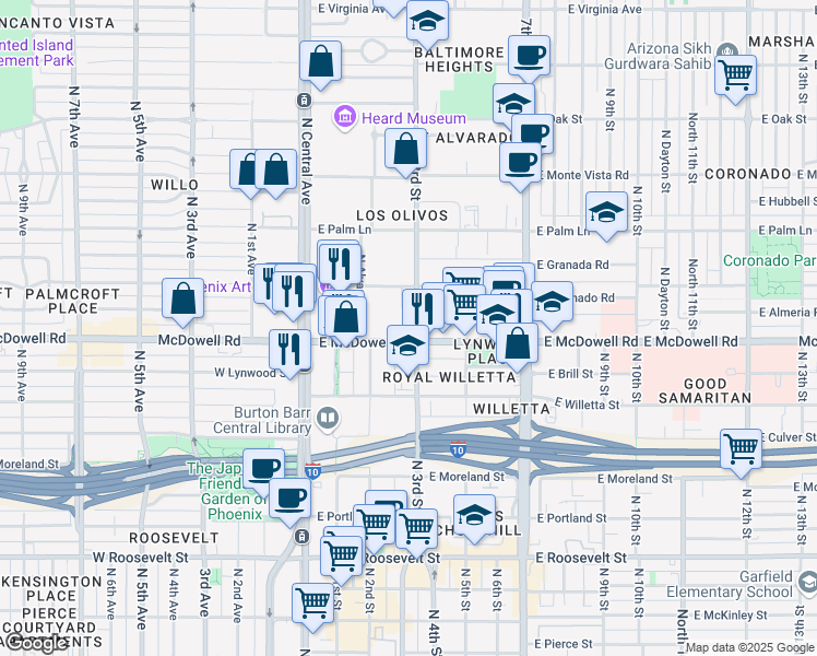 map of restaurants, bars, coffee shops, grocery stores, and more near 232 East McDowell Road in Phoenix