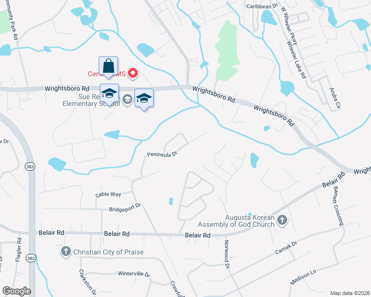 map of restaurants, bars, coffee shops, grocery stores, and more near 3240 Peninsula Drive in Augusta