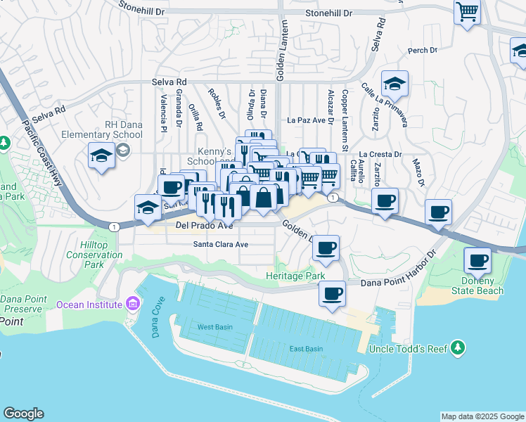 map of restaurants, bars, coffee shops, grocery stores, and more near 34169 Pacific Coast Highway in Dana Point