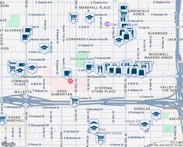 map of restaurants, bars, coffee shops, grocery stores, and more near 1328 East McDowell Road in Phoenix